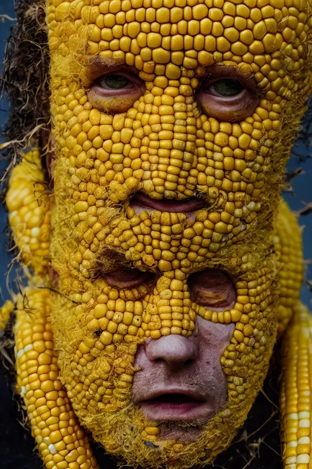 Prompt: portrait of corn - man, a man with skin made of corn, yellow, weird, 4 k