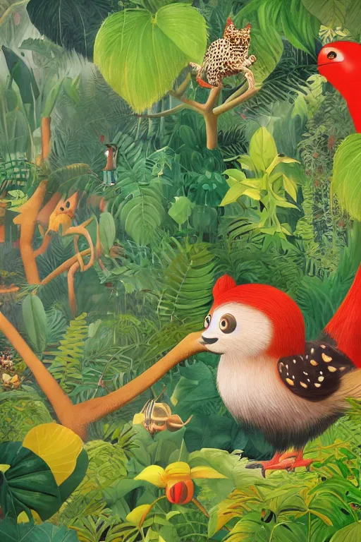 Image similar to rare bird in the jungle, highly detailed, unreal engine render concept art, style of henri rousseau and richard scarry and hiroshi yoshida and mimmo rotella