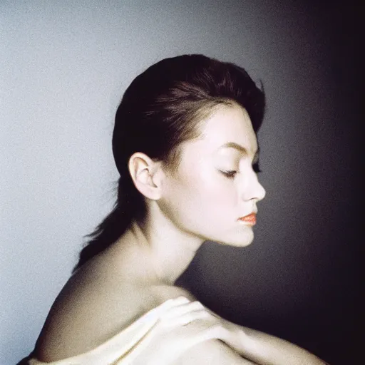 Image similar to Portrait photo of a famous actress posed in profile, eyes closed, natural makeup, studio lighting, highly detailed, cinestill 800t