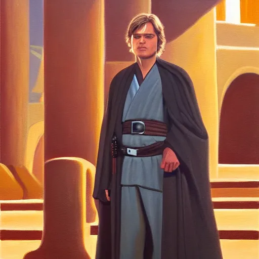 Image similar to anakin at the steps of the jedi temple on coruscant, oil painting, award - winning art, highly detailed