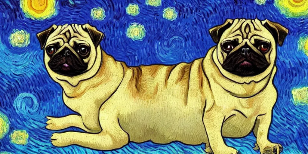 Prompt: a pug oil painting in Vincent van Gogh style