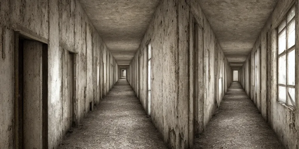 Image similar to a long decrepit asylum hallway, one point perspective, vanishing point, symmetrical composition, by lee madgwick, photorealistic, v - ray render 8 k uhd - w 7 6 8