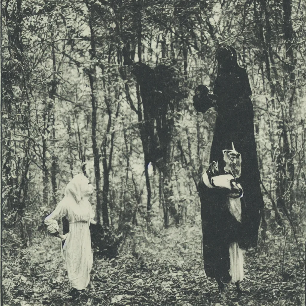 Prompt: polaroid vintage of a woman with black goat mask in the forest, occult