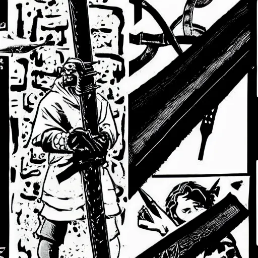 Prompt: A sword stuck in the ground. Close Up Shot, Dark Fantasy, Film Noir, Black and White. High Contrast, Mike Mignola, D&D, OSR