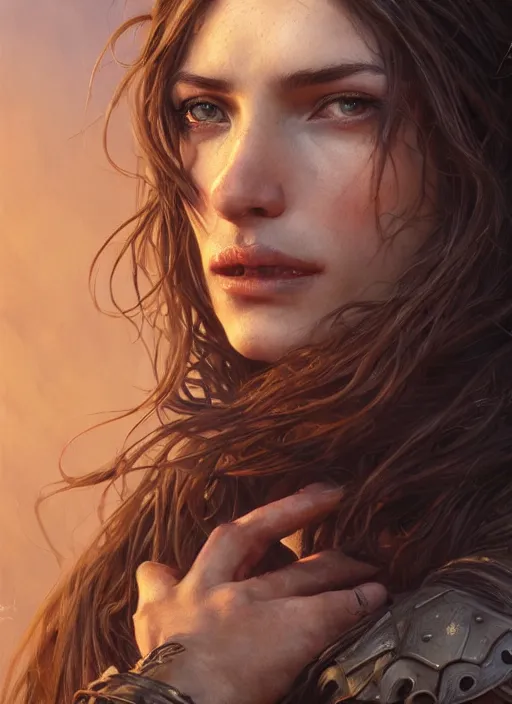 Prompt: close up portrait of a ruggedly handsome female witch, soft hair, muscular, half body, leather, hairy, d & d, fantasy, intricate, elegant, highly detailed, digital painting, artstation, concept art, smooth, sharp focus, illustration, art by artgerm and greg rutkowski and alphonse mucha