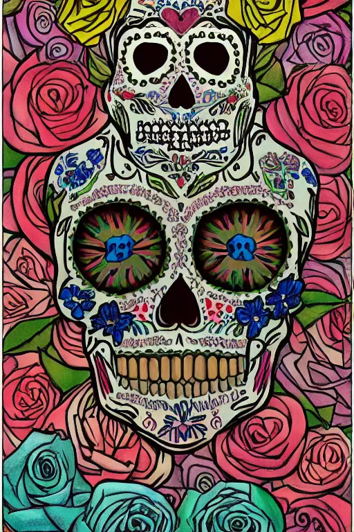 Prompt: illustration of a sugar skull day of the dead girl, art by diego rivera