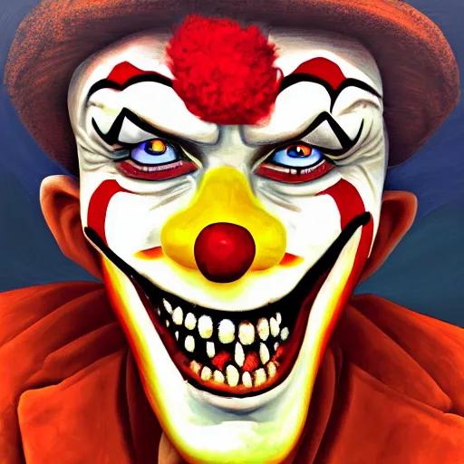 Prompt: a vicious clown with detailed face making an offer you cant refuse, highly detailed, digital art, digital painting