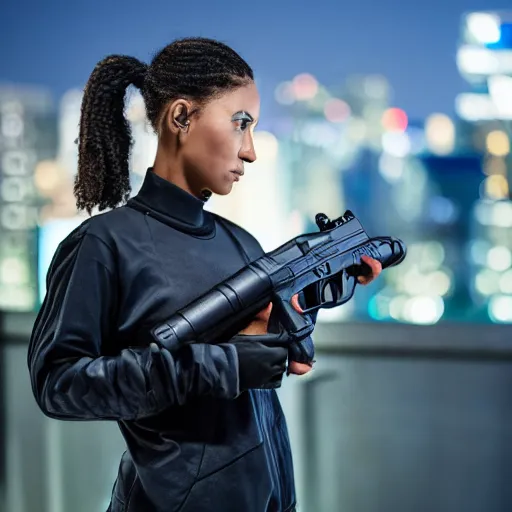 Image similar to photographic portrait of a techwear woman holding a Glock 18, closeup, on the rooftop of a futuristic city at night, sigma 85mm f/1.4, 4k, depth of field, high resolution, 4k, 8k, hd, full color