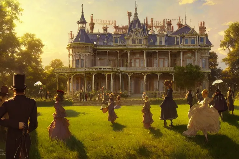 Image similar to an ornate victorian palace, party in front, scene in an open field. 1 8 9 0, key visual, conceptart, ambient lighting, highly detailed, digital painting, artstation, concept art, sharp focus, by makoto shinkai and akihiko yoshida and greg manchess