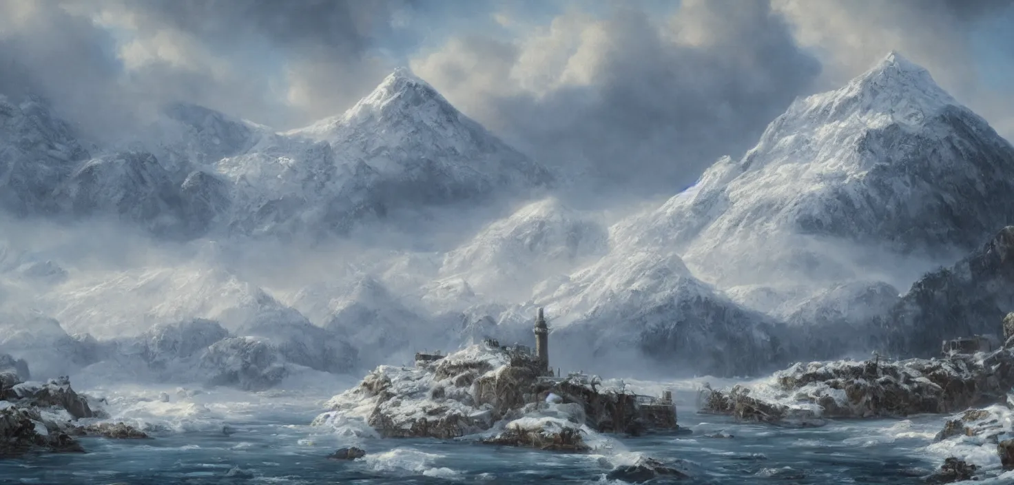 Image similar to detailed Photorealistic oil painting of an epic scene containing A snowy mountain that faces the open water and is blocked off by a large castle