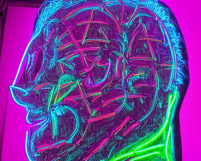 Image similar to renaissance davids head as a neon sculpture, hyper detailed