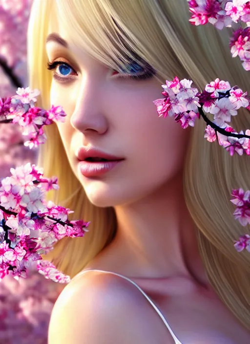 Image similar to photo of a gorgeous blonde female in the style of stefan kostic, realistic, half body shot, sharp focus, 8 k high definition, insanely detailed, intricate, elegant, art by stanley lau and artgerm, extreme blur cherry blossoms background