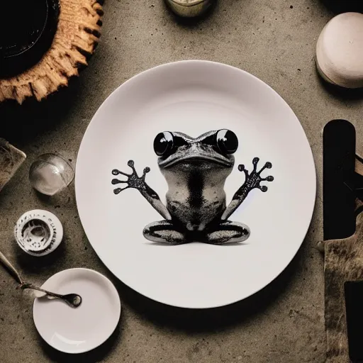 Image similar to frog hovering over a plate with black milk, polaroid photography in style of andrey tarkovski, paranormal, spiritual, mystical, sublime