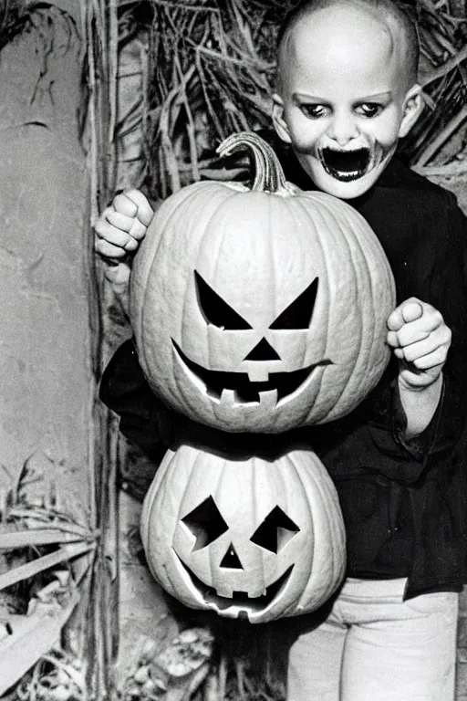 Image similar to a horrific, halloween ghoul, holding a jack - o - lantern, retro, 1 9 8 0 s, by march schoenbach, enzio sciotti