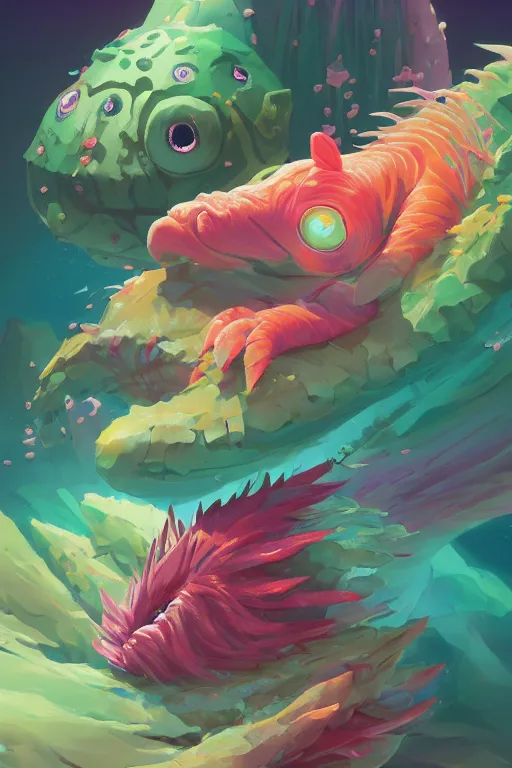 Image similar to creature animal sushi cristal very big eye roots cactus elemental flush of force nature micro world fluo fishscale, behance hd by jesper ejsing, by rhads, makoto shinkai and lois van baarle, ilya kuvshinov, rossdraws global illumination