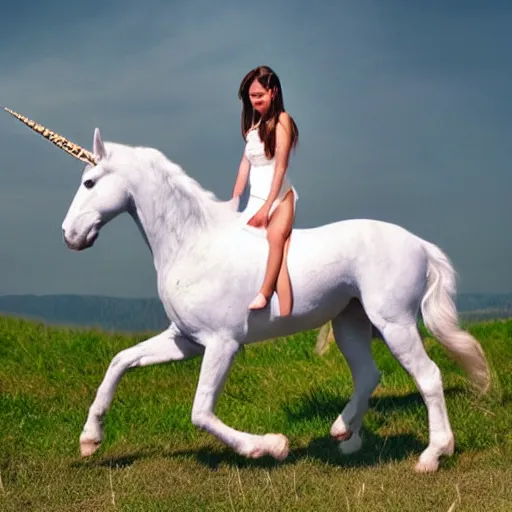 Prompt: Beautiful girl in white riding the unicorn