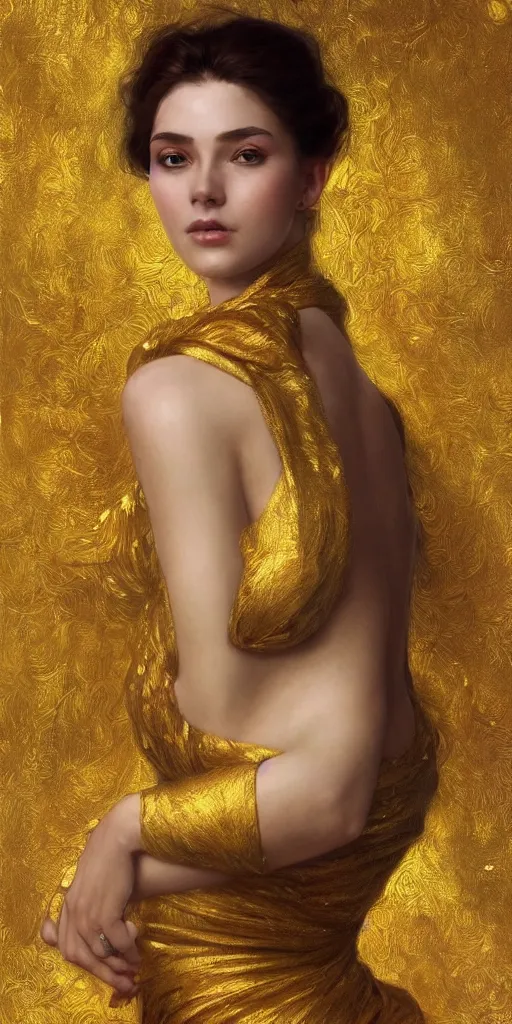 Prompt: ultra realistic illustration studio of a beautiful elegant girl in an artistic pose covered in golden silk cloths, intricate, elegant, highly detailed, digital painting, artstation, concept art, smooth, sharp focus, illustration, art by artgerm and greg rutkowski and alphonse mucha by klimt