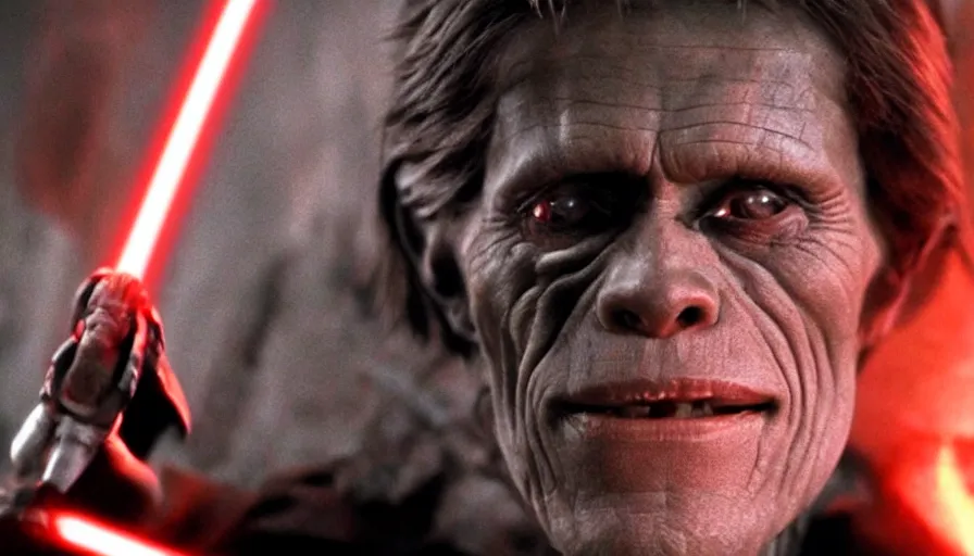 Image similar to Willem Dafoe as a Sith Lord, cinematic lighting, close-up, Star Wars cinematography