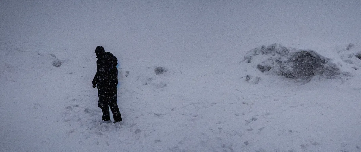 Prompt: a high quality color extreme closeup depth of field creepy hd 4 k film 3 5 mm photograph of very heavy snow storm blizzard in desolate antarctica, the faint barely visible silhouette of a bulky man is inside the blizzard