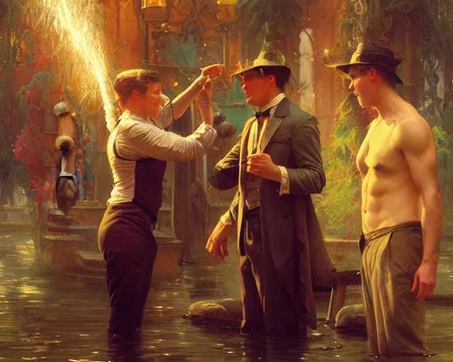 Image similar to attractive magician man, casting water magic. highly detailed painting by gaston bussiere, craig mullins, j. c. leyendecker 8 k