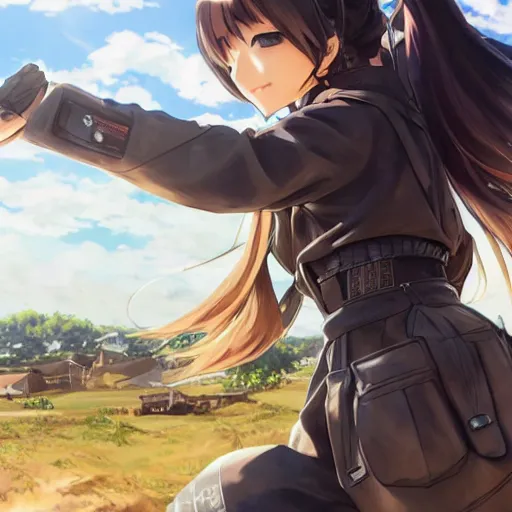 Prompt: anime style, panoramic view, a girl riding a motorbike, vintage, soldier clothing, battlefield in background, hair down, symmetrical facial features, realistic hands, from arknights, hyper realistic, 4 k, extreme detail, trending artstation, safebooru, realistic lighting, by alphonse mucha, greg rutkowski, sharp focus