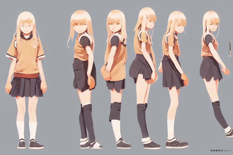 Image similar to character sheet of cute jk female high school student, blonde hair, by greg rutkowski and studio ghibli, digital art, trending on artstation, highly detailed, concept art, beautiful, masterpiece