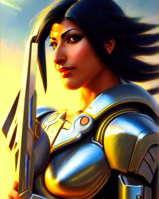 Image similar to pharah from overwatch, fantasy, fantasy art, character portrait, portrait, close up, highly detailed, intricate detail, amazing detail, sharp focus, vintage fantasy art, vintage sci - fi art, radiant light, caustics, by boris vallejo