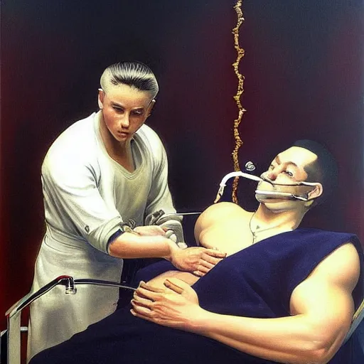 Image similar to hyperrealism oil painting of a baby giving blood to a handsome man, strong jaw, symmetrical, sitting in a gilded throne, tubes coming out of the man's arm, getting a blood transfusion. in the style of realism mixed with japanese book art and art deco. detailed. beautiful