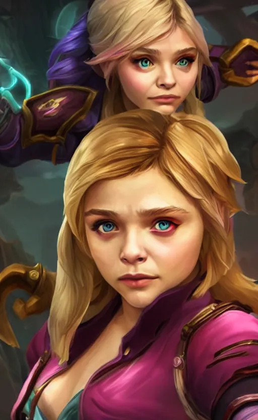 Image similar to Chloë Grace Moretz as a character in the game League of Legends, with a background based on the game League of Legends, detailed face, old 3d graphics