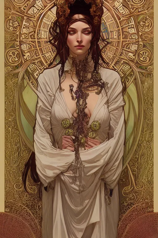 Image similar to high priestess, intricate, elegant, highly detailed, concept art, sharp focus, beautiful face!!, digital art, smooth defined outlines!!, by Brom, trending on Artstation, Alphonse Mucha