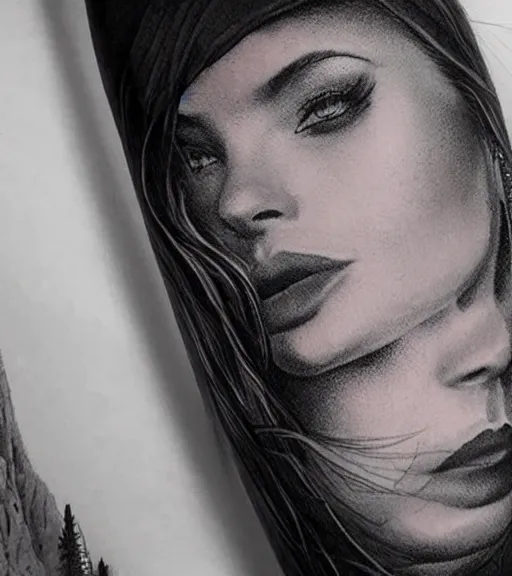 Image similar to a beautiful woman face against a background of beautiful mountains, tattoo design sketch, amazing blend effect, hyper - realistic, in the style of matteo pasqualin, amazing detail, black and white
