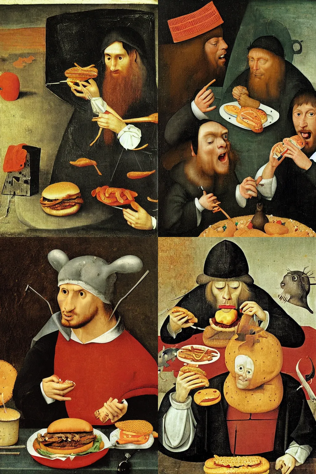 Prompt: Leonel Messi eating a hamburger by Hieronymus Bosch