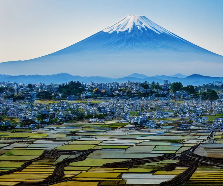 Image similar to a photo of mount fuji, japanese landscape, rice paddies, seen from a window of a train.