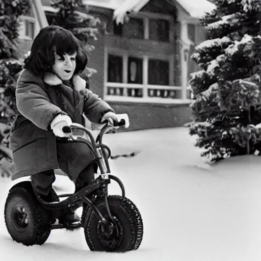 Prompt: on the set of the shining, danny is riding his big wheel, kubrick has his parka on,