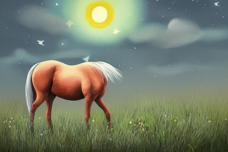 Image similar to a digital painting of a sad horse that's lost in a meadow, tall plants, white lighting, night sky, glows, moonlight,