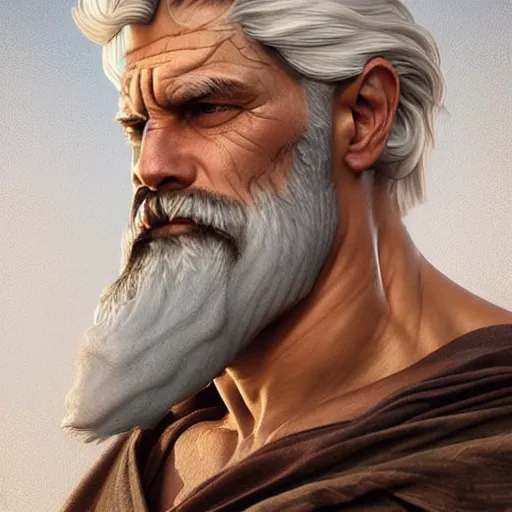 Image similar to portrait of rugged zeus, greek god, 4 0 years old, handsome, white hair, soft hair, upper body, muscular, hairy torso, fantasy, intricate, elegant, highly detailed, digital painting, artstation, concept art, smooth, sharp focus, illustration, art by artgerm and greg rutkowski and alphonse mucha