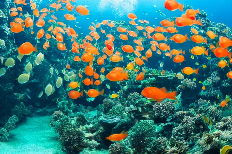 Prompt: photo of a baby cat scuba diving and chasing a school of fish above colorful coral reefs, award - winning photograph, national geographic, 8 k uhd, excellent lighting