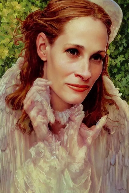 Prompt: angelic painting of young Julia Roberts, Norman Rockwell, oil painting, ethereal, cottage core, faerie, beautiful, loish,