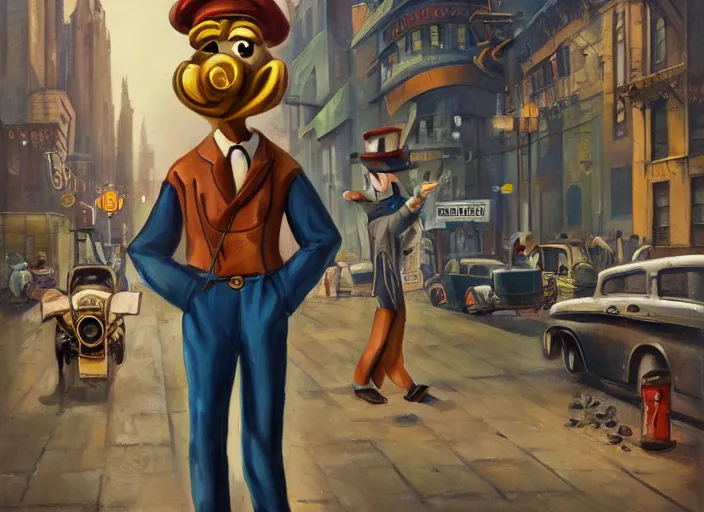 Image similar to painting of an anthropomorphic bird engineer standing on a busy steampunk city street. hd. 1 9 5 0 s oil painting style.