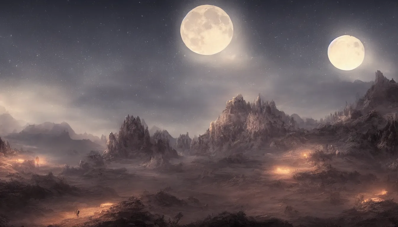 Image similar to a beautiful landscape at dusk, big moon and stars in the sky, matte painting, concept art, 4k