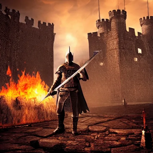 Prompt: dark souls knight with a fire sword, medieval castle in background