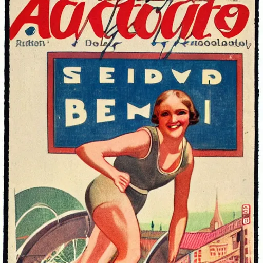 Image similar to a 1 9 2 8 cover of a german magazine. happy, healthy, beautiful, smiling, young, sporty, glowing woman in decent athletic wear. realistic detailed color drawing