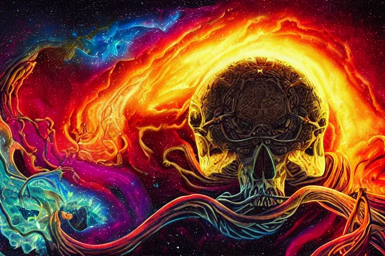 Image similar to a giant skull with lovecraftian tentacles emerging from a space nebula by dan mumford, digital art, photorealistic, vivid colors, highly detailed, intricate