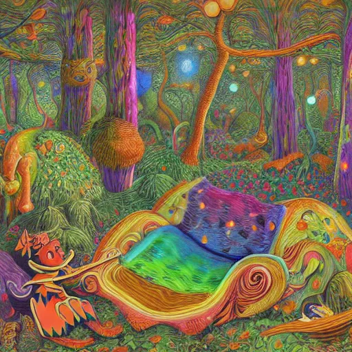 Image similar to psychedelic couch sofa in the lush forest, milky way, designed by moebius, rob gonsalves, gustav dore, giuseppe arcimboldo and carl barks, louis wain, trending on artstation, mediterranean, star, sharp focus, colorful refracted sparkles and lines, soft light, 8 k 4 k