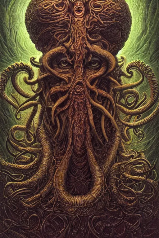 Image similar to highly detailed portrait of cthulu by alex grey, patrick woodroffe, mark ryden created by gustave dore and greg rutkowski, high detailed, smooth draw, synthwave neon retro, intricate, realistic proportions, dramatic lighting, trending on artstation