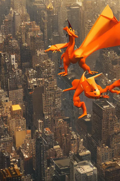 Image similar to charizard flying above new york, cybertronian, long shot, cinematography by wes anderson, 4 k octane render, intricate detail, photorealistic, cinematic lighting, artstation