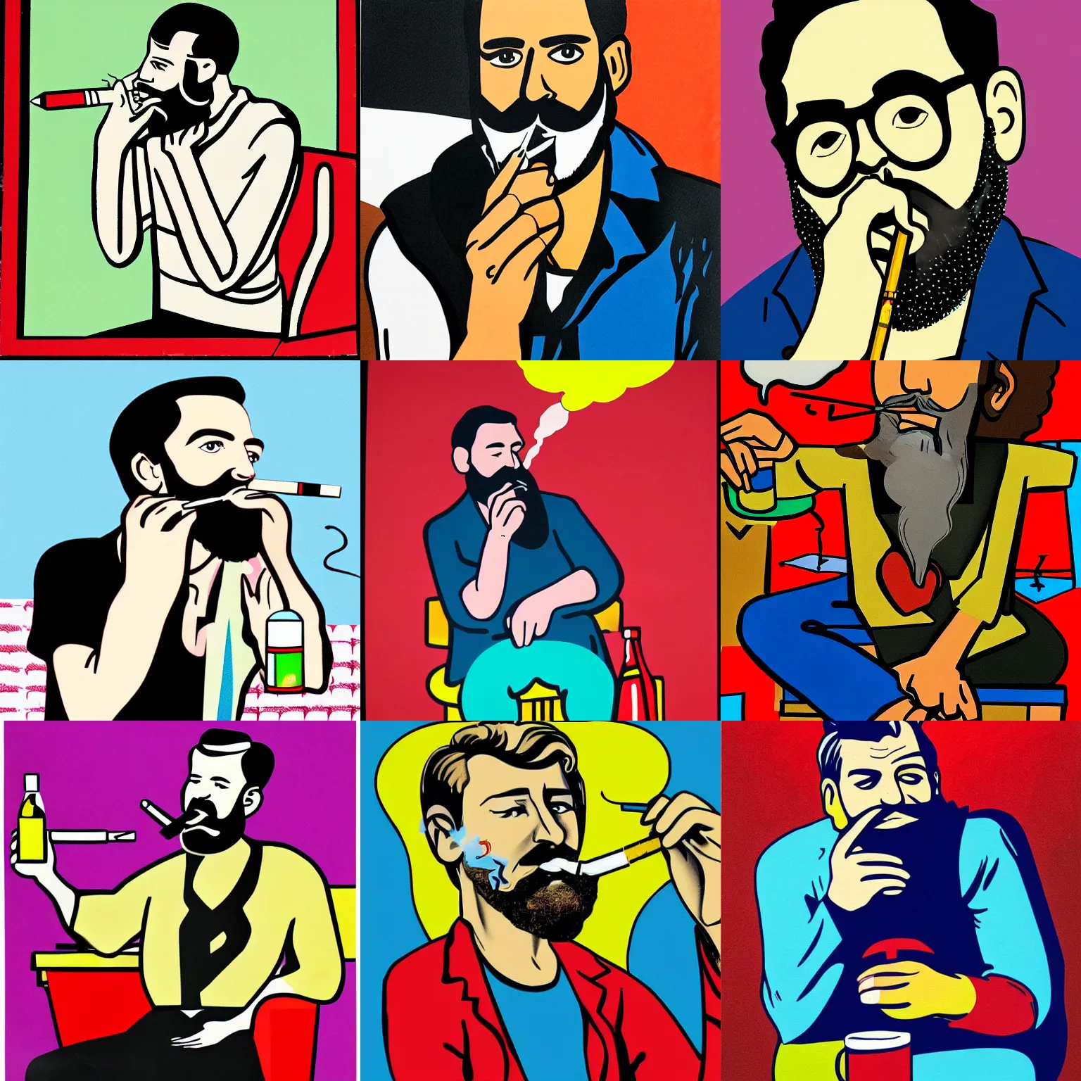 Prompt: pop art painting of a writer with a beard sitting, he is smoking a cigarette, he is holding a bottle in his other hand, highly detailed, realistic