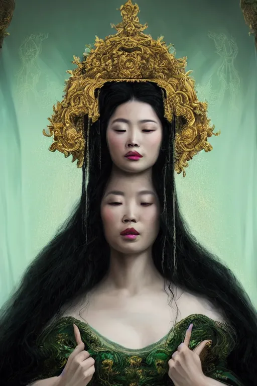 Prompt: a beautiful empress portrait, with a brilliant, impossible striking big hairstyle black hair, clothes white robes, everything hair, symmetrical, dramatic studio lighting, rococo, baroque, greens, asian, hyperrealism, closeup, D&D, fantasy, intricate, elegant, highly detailed, digital painting, artstation, octane render, 8k, concept art, matte, sharp focus, illustration, art by Artgerm and Greg Rutkowski and Alphonse Mucha