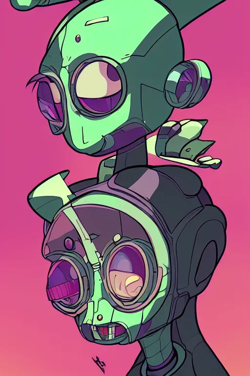 Prompt: portrait concept art painting of invader zim, artgerm, moebius, inio asano, toon shading, cel shading, smooth, calm, tranquil, vaporwave colors,
