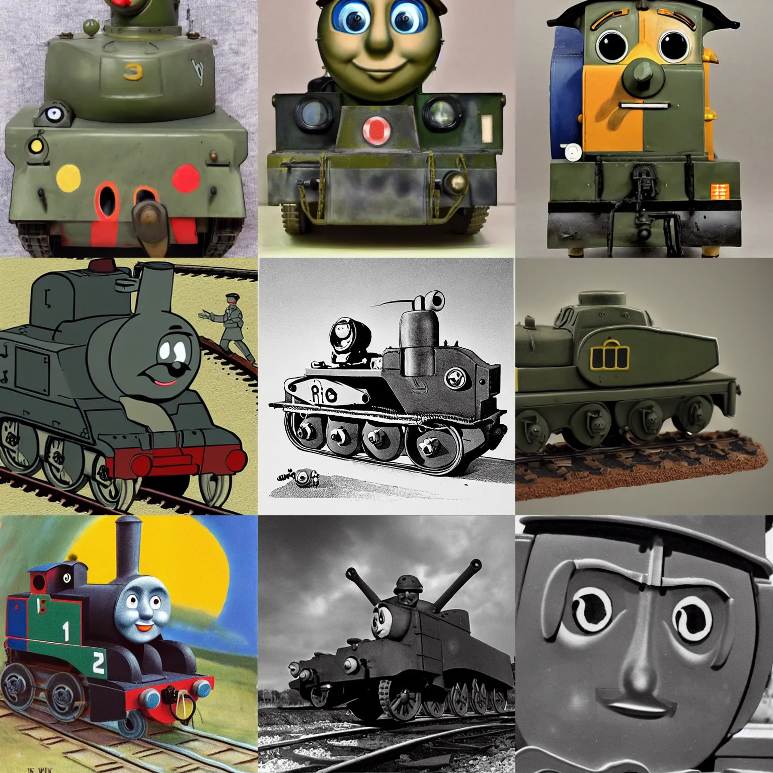 Prompt: an anthropomorphised world war two tank with a thomas the tank engine face by wilbert awdry